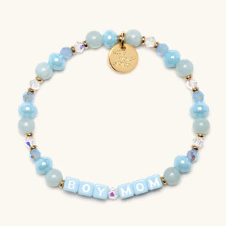 Blue bracelet from Little Words Project with "Boy Mom" engraved, designed for moms celebrating their sons.