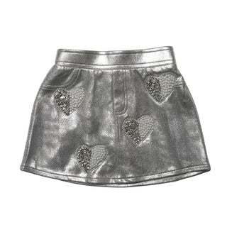 MIA New York Heart Skort - Silver
A metallic silver mini skirt with a faux leather texture, featuring three heart-shaped patches embellished with rhinestones on the front, set against a plain white background.
