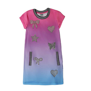 MIA New York Icon Dress - Purple Ombre
A short-sleeve baby tee dress featuring a pink, purple, and blue gradient design, embellished with silver glitter bows, hearts, and butterflies, and accented with black and white striped details.