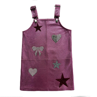 MIA New York Icon Overall Dress - Light Pink
A purple denim pinafore dress with silver and dark red embellishments, including rhinestone hearts, bows, and stars, shown against a plain white background.