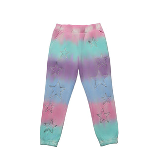 MIA New York Star Sweatpant - Cotton Candy
Tie-dye jogger pants with a pastel gradient of pink, purple, and teal, featuring metallic silver star cutouts on the front, shown against a plain white background.