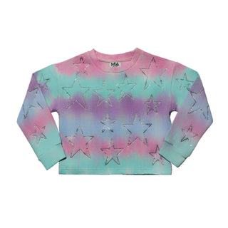 MIA New York Star Sweatshirt - Cotton Candy
A long-sleeve crewneck sweatshirt featuring a pastel tie-dye pattern of pink, purple, and mint green, overlaid with a pattern of metallic silver glitter stars.