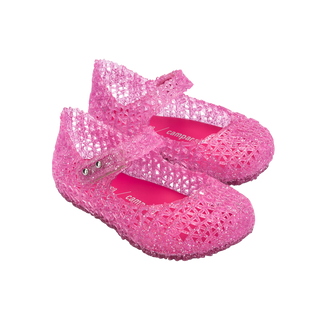 Mini Melissa Mini Campana Papel - Pink Glitter
Pink glittery shoes with 'Camper' branding on a white background