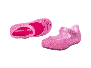 Mini Melissa Mini Campana Papel - Pink Glitter
Pink glittery shoes with Melissa logo on a white background