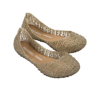 Mini Melissa Mini Campana Papel Kid - Gold Glitter
Pair of gold glittery flats on a white background