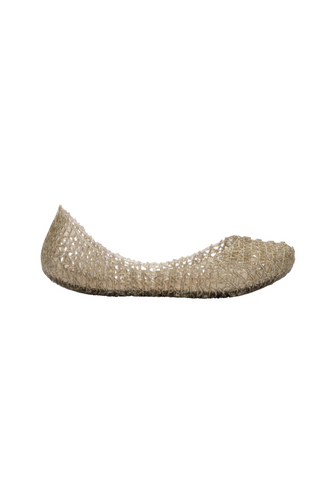 Mini Melissa Mini Campana Papel Kid - Gold Glitter
Gold beaded flat shoe on a white background