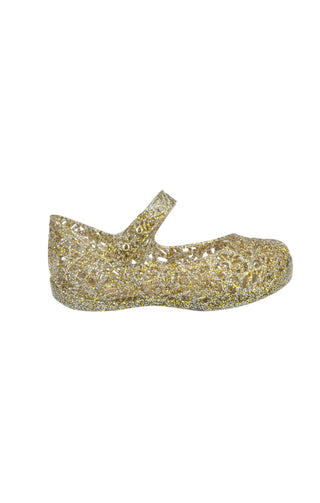 Mini Melissa Campana Papel Zig Zag - Mixed Golden Glitter
Gold glittery shoe on a white background
