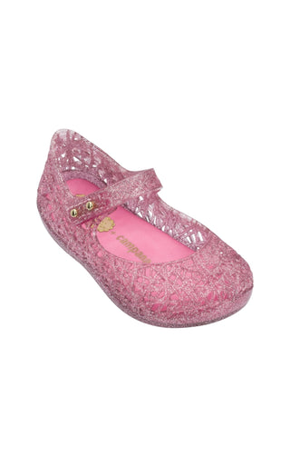 Mini Melissa Mini Campana Zig Zag - Pink Glitter Silver
Pink glittery shoe with a heart design on a white background