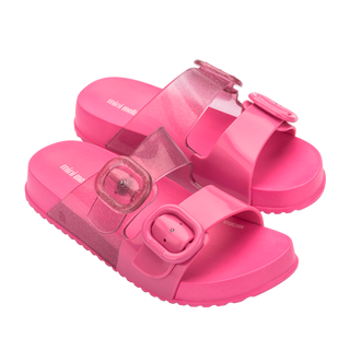 Mini Melissa Cozy Slide Kids - Pink / Glitter
Pink sandals with clear straps on a white background