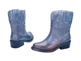 Mini Melissa Texas Kids Boot - Glitter Blue
Pair of blue cowboy boots on a white background