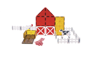 Magna-Tiles Farm™ 25-Piece Set
A farm-themed magnetic building toy set featuring a red and white barn, yellow panels, white fences, a chicken, a cow, and a pig, displayed on a clean white background.