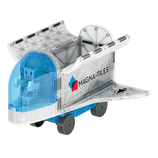 A Magna-Tiles magnetic building toy set showing a transparent white and blue cargo truck or vehicle with a small robot figure inside, isolated on a white background.