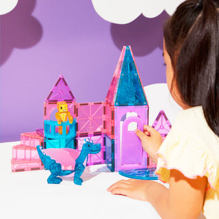 Magna-Tiles Castle 25-Piece Set with colorful translucent tiles arranged to form a castle structure for creative play.