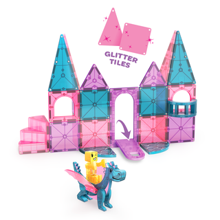 Colorful Magna-Tiles Castle 25-piece set with various geometric shapes assembled into a castle structure, toy building tiles for kids.