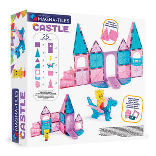 Magna-Tiles Castle 25-Piece Set toys with colorful plastic tiles assembled into a castle structure.