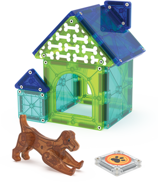 Magna-Tiles Dog House™ 13-Piece Set
Toy building set with a doghouse, dinosaur, and paw print block on a white background