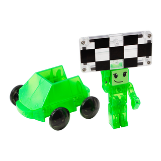 Magna-Tiles Downhill Duo 40-piece set with green tiles, car figure, and flags for imaginative building and play.