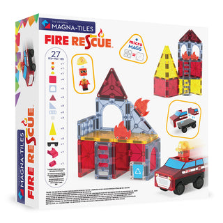 Magna-Tiles Fire Rescue 27-piece set featuring colorful magnetic building tiles for creative play and imaginative fire rescue scenarios.