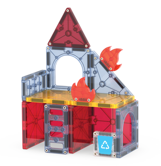 Magna-Tiles Fire Rescue 27-piece set with red and orange tiles, building toy for kids, featuring fire truck and rescue scene.