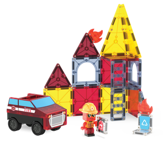 Magna-Tiles Fire Rescue 27-piece set of colorful magnetic building tiles for kids' imaginative play and STEM learning.