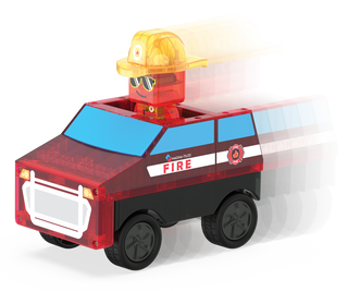Magna-Tiles Fire Rescue 27-piece set of colorful magnetic building tiles featuring fire truck and rescue vehicle shapes.