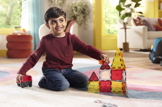 Magna-Tiles Fire Rescue 27-piece set of colorful magnetic building tiles for imaginative play and creative construction.