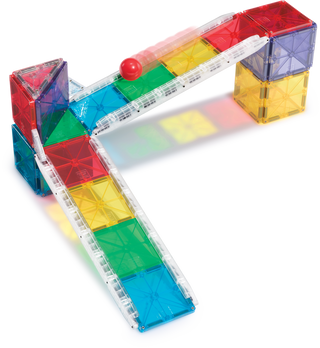 Magna-Tiles Rail Racers™ 33-Piece Set
Colorful magnetic building blocks on a white background