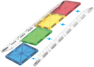Magna-Tiles Rail Racers™ 33-Piece Set
Colorful geometric shapes with interlocking pieces on a white background