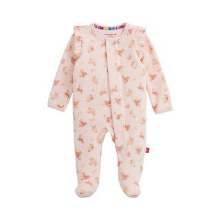 Magnetic Me Girls Velour Footie - Floral
Baby onesie with floral pattern on a white background