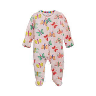 Magnetic Me Modal Footie - Fruit Flies
Baby onesie with colorful fruit and butterfly pattern on a white background