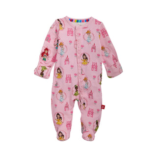 Magnetic Me Modal Footie with Ruffle - Princess Royal Radiance
Pink baby onesie with princess and castle pattern on a white background
