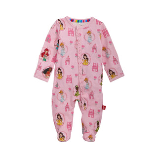 Magnetic Me Modal Footie with Ruffle - Princess Royal Radiance
Pink baby onesie with princess and castle patterns on a white background