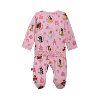 Magnetic Me Modal Footie with Ruffle - Princess Royal Radiance
Pink baby onesie with princess-themed design on a white background