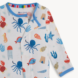 Magnetic Me Modal Magnetic Footie - Deep Chic Blue Children's outfit with ocean-themed design on a white background