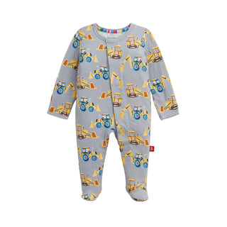 Magnetic Me Modal Magnetic Footie - Doze Off
A baby footed one-piece sleeper in light gray with an all-over print of yellow and blue construction vehicles, shown flat against a light off-white background.