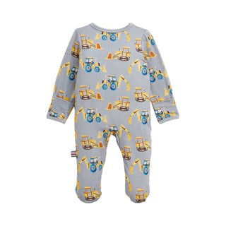 Magnetic Me Modal Magnetic Footie - Doze Off
A baby long-sleeve footed sleeper in light gray with an all-over print of yellow construction vehicles, including tractors, excavators, and bulldozers, shown against a plain off-white background.