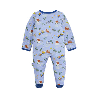 Magnetic Me Modal Magnetic Footie - Farm to Cradle\Baby onesie with farm animal pattern on a white background