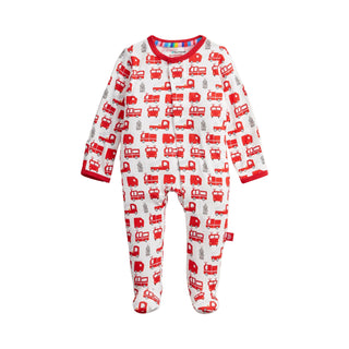 Magnetic Me Modal Magnetic Footie - Fired Up
Children's onesie with red truck pattern on a white background