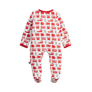 Magnetic Me Modal Magnetic Footie - Fired Up
A baby footed one-piece pajama in white with an all-over red and gray bus pattern, featuring red trim on the collar and cuffs.