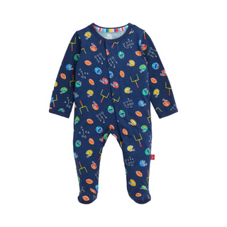 Magnetic Me Modal Magnetic Footie - First Down Fun
Navy baby onesie with colorful patterns on a white background