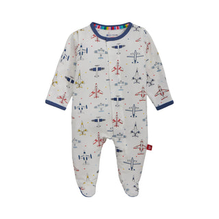 Magnetic Me Modal Magnetic Footie - Just Plane Fun 
Baby onesie with airplane pattern on a white background