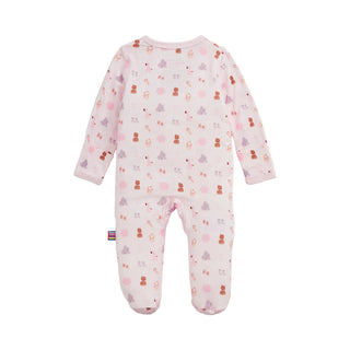 Magnetic Me Modal Magnetic Footie - Nursery Nostalgia Pink
A baby footed sleeper in light pink with an all-over print of teddy bears, snow globes, and snowman faces in darker pink, purple, and brown, shown flat on a light off-white background.