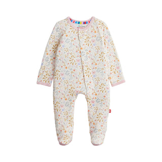 Magnetic Me Modal Magnetic Footie - Oinklet
A baby footed sleeper with long sleeves and an all-over floral print on a cream background, featuring pink trim at the collar and cuffs.