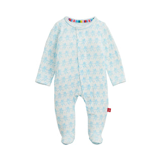Magnetic Me Modal Magnetic Footie - Trunkettes Blue
Baby onesie with blue floral pattern on a white background