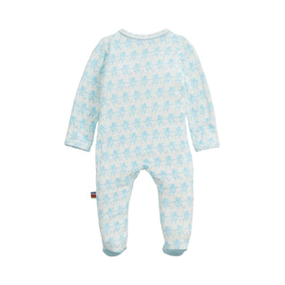 Magnetic Me Modal Magnetic Footie - Trunkettes Blue
A baby footed one-piece jumpsuit in white with a light blue repeating pattern of cartoon characters, shown from the back against a light off-white background.