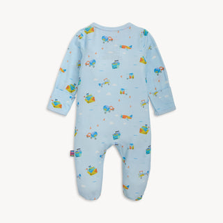 Magnetic Me Modal Magnetic Footie - You Haul
Baby onesie with vehicle pattern on a light blue background