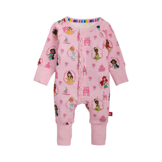 Magnetic Me x Disney Modal Convertible Coverall - Princess Royal Radiance
Pink baby onesie with princess designs on a white background