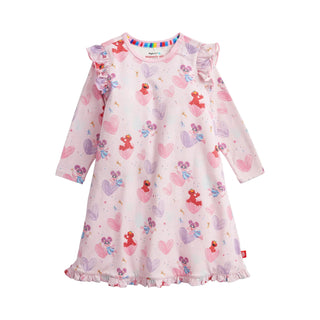 Magnetic Me x Sesame Street RightFit™ Magnetic Nightgown - Elmo & Abby
A pink long-sleeve baby dress with ruffled shoulders and hem, featuring an all-over print of red and purple cartoon bears and hearts, shown on a light off-white background.