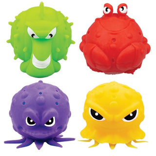 Master Toys Splash Fun Monster Water Ball
Four colorful rubber toys shaped like a green creature, red crab, purple octopus, and yellow jellyfish on a white background.
