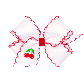 Medium Wee Ones Embroidered Hair Bow on Clippie - Cherry
White bow with red trim and cherry design on a white background